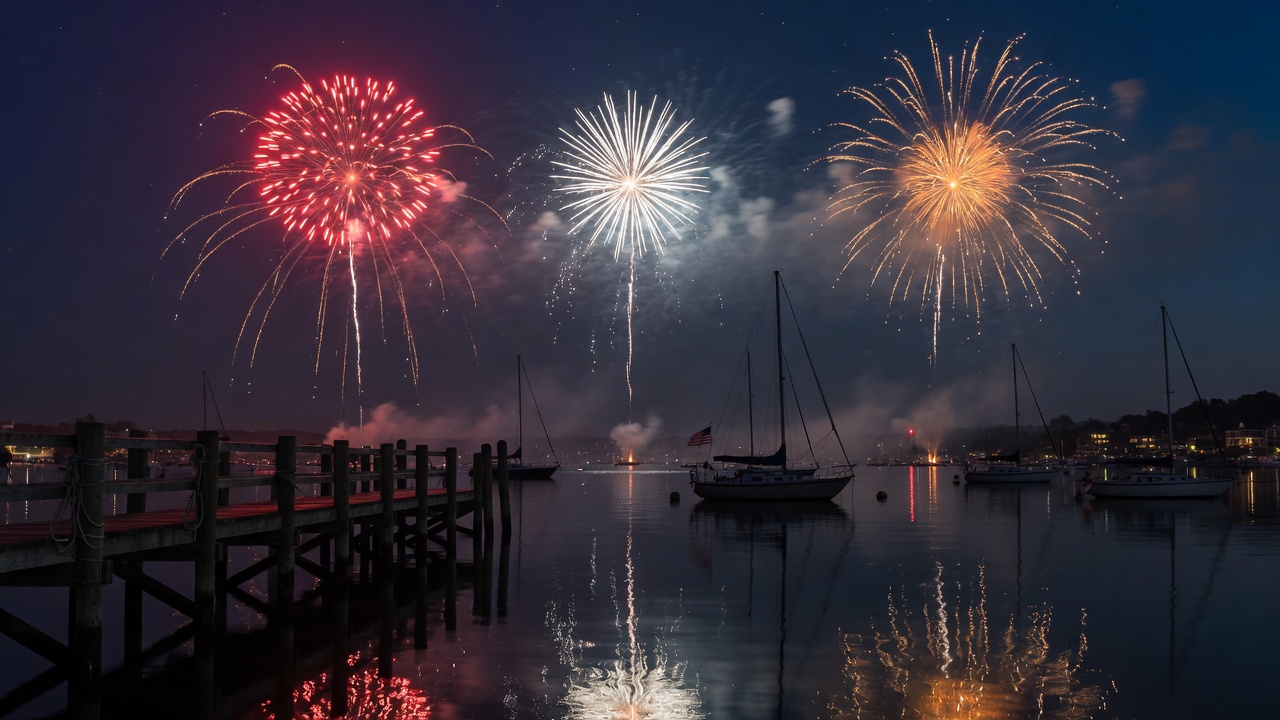 Fireworks over a New England harbor on the Fourth of July