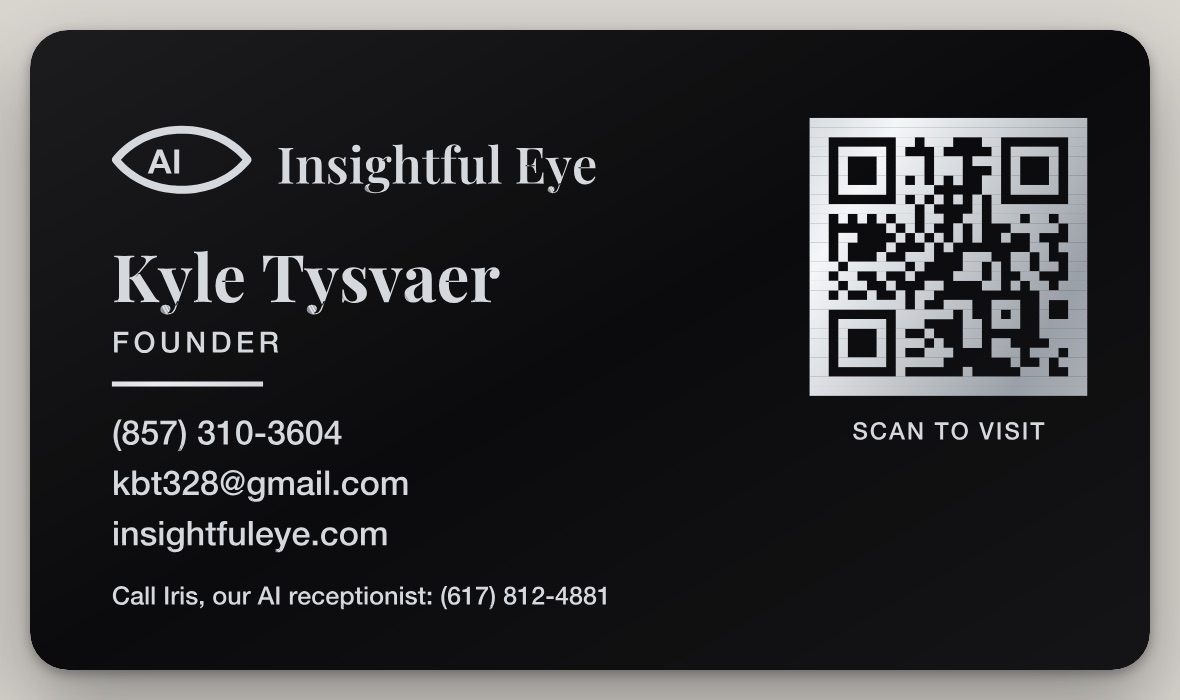 Mockup of the back of the card: name, title, phone, email and an engraved QR code